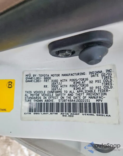 2001 Toyota Sequoia Limited из США, поврежденный, VIN 5TDBT48A41S022151